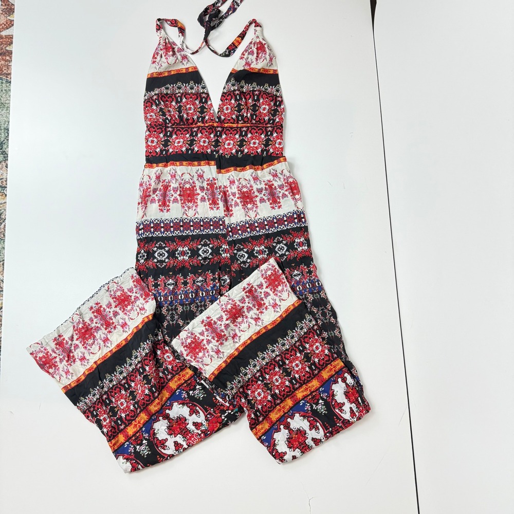 Yumi Kim Womens Medallion Floral Print Wide Leg Halter Jumpsuit Black Red Size M